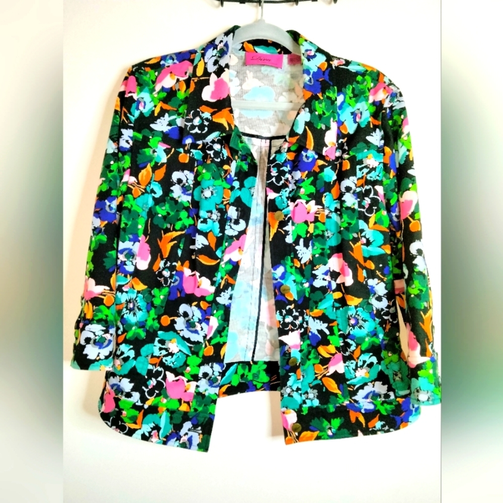 DIVA by Dana Buchman (Size L) Multicolor Floral Print Button Front Denim Jacket